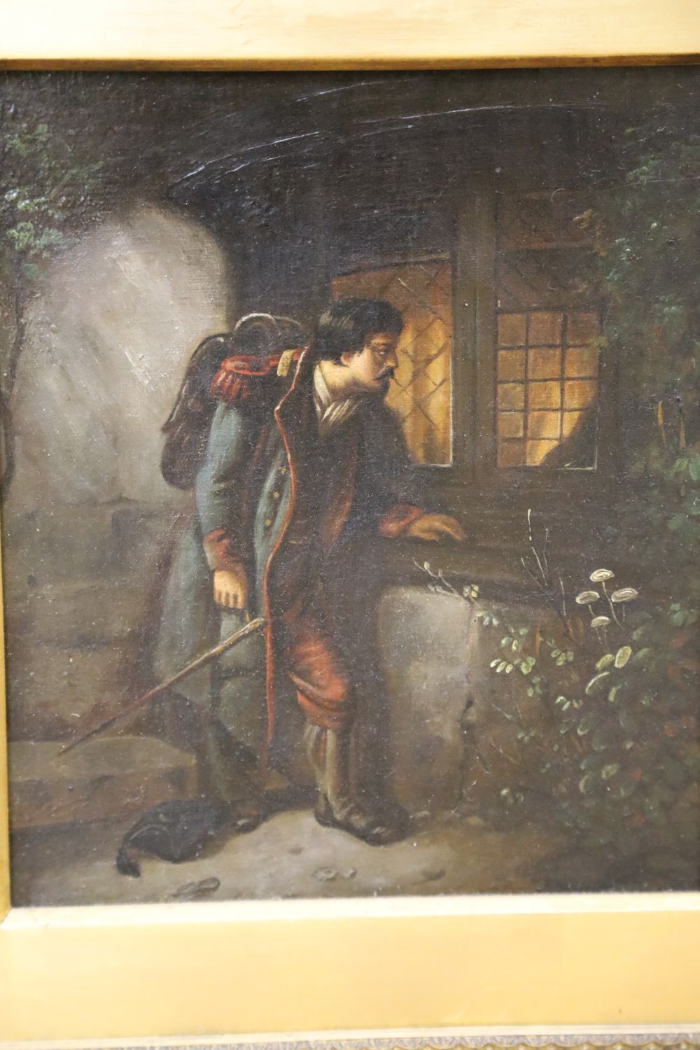 19th century Continental School, pair of oils on canvas, Returning soldier at a window and Girl at a doorway, 24 x 20cm